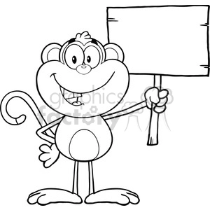 royalty free rf clipart illustration black and white smiling monkey cartoon character holding up a blank wood sign vector illustration isolated on white