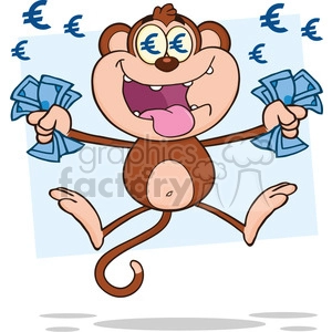 royalty free rf clipart illustration rich monkey cartoon character jumping with cash money and euro eyes vector illustration with bacground isolated on white