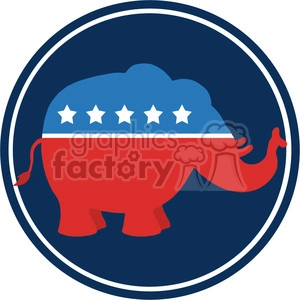 The image is a stylized representation of a red elephant with a white and blue design on its body, which includes five white stars over a blue background. The elephant is enclosed within a circular border with dark blue as the predominant color.