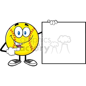 talking softball cartoon mascot character pointing to a blank sign vector illustration isolated on white background