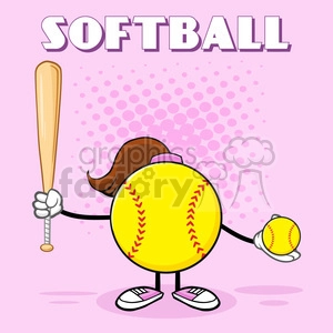 softball girl faceless cartoon mascot character holding a bat and ball vector illustration with pink halfone background and text softball