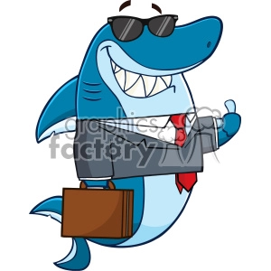 The image is a clipart of a cartoon shark depicted in a lighthearted and anthropomorphic manner. The shark character is dressed in business attire, wearing a dark suit jacket, a white shirt, a red tie, and sunglasses. It also has a big smile on its face and is carrying a brown briefcase, possibly indicating that it is a business professional or employee. The shark is giving a thumbs-up gesture, adding to its friendly and confident demeanor.