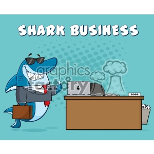 The clipart image features a cartoon shark dressed in business attire. The shark is wearing a dark suit with a red tie and is carrying a brown briefcase, implying that it is going to or coming from work. It also sports sunglasses, adding an element of coolness to its character. The shark is depicted giving a thumbs up, perhaps to symbolize success or confidence. It is standing near a desk with an open laptop showing an apple logo, a book, and a nameplate that says BOSS, indicating that the shark character is in a position of authority or is an executive in a business setting. A wastebasket filled with crumpled paper suggests a busy work environment.
Concise 
