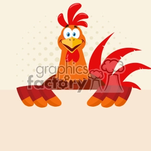 The clipart image depicts a cartoon rooster with a humorous expression. The rooster has a bright red comb and wattle, a yellow beak, and expressive eyes. Its feathers are primarily in shades of brown and red, and it shows the character peering over a surface with its feet visible in the foreground.
