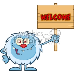 Smiling Little Yeti Cartoon Mascot Character Holding Up A Welcome Wooden Sign Vector