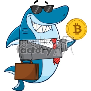 This clipart image features a cartoon shark dressed in business attire, including a grey suit, white shirt, and red striped tie. The shark is also wearing sunglasses, appears to be smiling with a mouth full of sharp teeth, is carrying a brown briefcase, and is holding a gold Bitcoin coin in one fin. The character resembles a funny and personified animal mascot for a business or financial concept related to cryptocurrency.