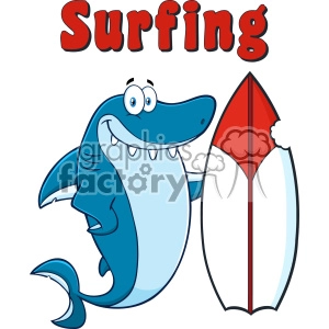 The clipart image features a cartoon shark standing beside a surfboard. The shark is depicted in a humorous style, with a friendly and happy expression. Its large eyes are looking forward and it has a wide smile showing its teeth. The shark's body is a combination of different shades of blue, and it has fins that resemble arms and legs, adding to the character's anthropomorphism. To the right of the shark is a red and white surfboard. Above the characters is the word Surfing in bold red letters with a 3D effect.