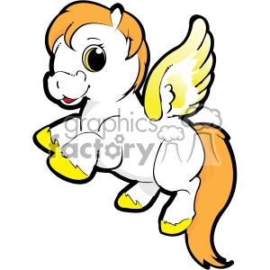 The image is a clipart of a fantasy cartoon character resembling a cute little pony with wings, similar to the ones you might find in the genre of magical or fantasy creatures. The pony has a friendly appearance, with large expressive eyes and a playful smile. Its mane and tail are colored in shades of orange, while its wings are yellow with hints of white. The hooves are accented in yellow as well.