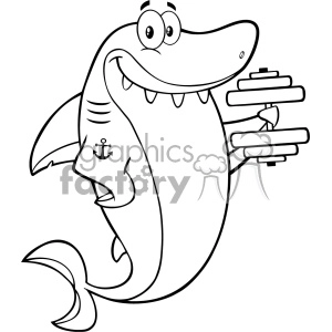 This image features a cartoon of a smiling shark character standing upright with one fin behind its back and the other holding a sign with three horizontal planks, which could be used for adding text or messaging. The shark has a playful and friendly appearance, characterized by its large eyes, wide grin showing teeth, and a small anchor tattoo on its torso.