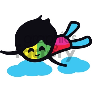 This is a fun and colorful clipart image featuring a stylized character that appears to be dancing or falling with a big smile on its face. The character has a simple design with a two-tone head that splits colors diagonally, one half yellow and the other half green, suggesting a playful or whimsical mood. The character's eyes are closed in enjoyment and it has a crescent-shaped smiling mouth. The body is black with blue limbs, and it has two legs that are kicking up behind it, one of which has a pink and red section, and two arms stretched outward for balance or expression. The character is above two cloud-like blue shapes, adding to the sense of movement or floating in the air.