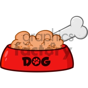 The clipart image shows a red dog dish filled with brown dog food. On top of the food is a large white bone. The side of the bowl features a black paw print and the word DOG in bold letters.