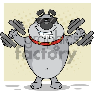 The image is a cartoon-style clipart of a smiling bulldog standing upright and wearing sunglasses. The bulldog is depicted holding a dumbbell in each paw, suggesting an exercise or fitness theme. The dog has a big grin on its face and is wearing a studded collar, which adds to its cool and tough appearance. The background has a tan color with subtle beige polka dots.