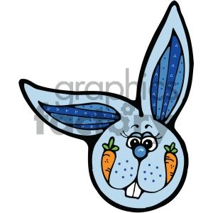 This is a clipart image of a stylized cartoon rabbit. The rabbit has large blue ears with polka dots and is holding two orange carrots. It has a whimsical expression with big eyes and a small, cute smile.