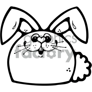 The image is a black and white clipart illustration of a stylized rabbit or bunny. The rabbit has large, floppy ears, a round body with a fluffy tail, and a cute facial expression that includes a heart-shaped nose.