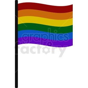 The image is a clipart of a rainbow flag, often associated with LGBT pride. It has horizontal stripes with the colors red, orange, yellow, green, blue, and purple, appearing in that order from the top. The flag is shown with a black flagpole on the left side.