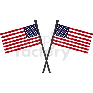 This clipart image features two crossed American flags, each with the traditional design of the stars and stripes. The flags are depicted on black poles with small spherical finials at the top, and they are crossed in an X shape.