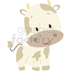 The clipart image shows a cartoon representation of a young cow or calf, with a stylized and cute appearance. The cow has a cream base color with light brown patches, a pink smile, and a tail with a little tuft at the end.