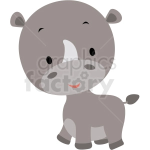 The image displays a cute and simplified clipart depiction of a young rhinoceros, characterized by its signature horn on the snout and a smiling face.