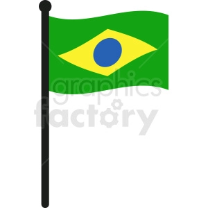 The image is a clipart representation of the flag of Brazil on a flagpole. The flag features a green field with a large yellow rhombus in the center, and within the rhombus, there is a blue circle with white stars and a white band.