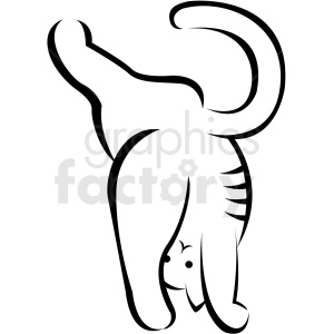 The image is a black and white clipart of a cat in a yoga pose, specifically resembling the downward-facing dog position. 