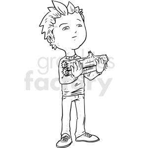 The image is a black and white clipart illustration of a boy holding a bundle of firewood. The character appears to be a young child or teenager with spiky hair and casual attire, suitable for an outdoor or camping activity. There is no clear indication of a tattoo or the jr label within this image, and the depicted scene is solely focused on the boy and the firewood.