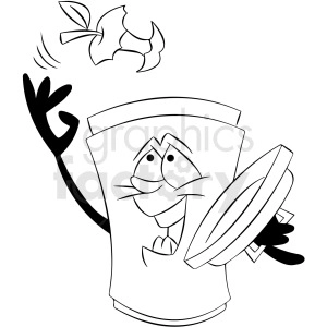black and white cartoon trash can character trowing trash away