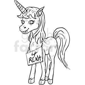 The clipart image features a cartoon depiction of a smiling unicorn standing upright, with a horn on its head and a sign hanging around its neck that reads 4 RENT. The unicorn has a playful expression with its tongue sticking out slightly, and its tail and mane appear wavy and stylized. The illustration is a line drawing, lacking in color, suggesting it could be used for coloring activities or as a whimsical graphic in various media.