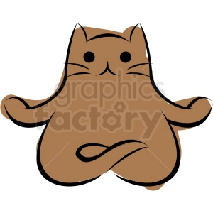 The clipart image shows a stylized drawing of a brown cat in a relaxed, seated yoga pose. The cat's legs are crossed and its paws are resting upwards in its lap, emulating a meditative position.