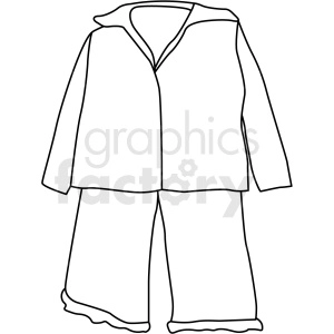 This clipart image depicts a simple line drawing of a two-piece set of PJ's, consisting of a jacket or top with a v-neck collar and a pair of matching pants or bottoms.