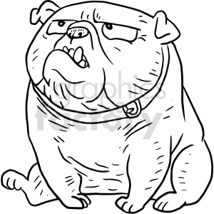 The image is a line drawing of a bulldog. The dog appears to be standing with a slightly grumpy or tough expression. It has distinct bulldog features such as a wrinkled face, saggy jowls, and a stout body. The bulldog is wearing a collar. There's no visible tattoo in the image provided.