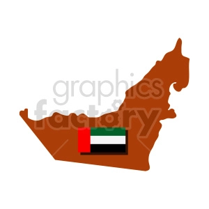 This clipart image depicts the outline of the United Arab Emirates (UAE) in a dark brown or reddish color, with the flag of the UAE superimposed on the outline. The flag features horizontal stripes of green, white, and black, with a vertical red stripe at the hoist.
