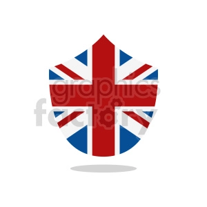 The clipart image features a shield shape with the design of the United Kingdom's flag, also known as the Union Jack, superimposed on it. The flag consists of a combination of the red cross of Saint George (patron saint of England) edged in white, overlaid on the Cross of Saint Patrick (patron saint of Ireland), which are superimposed on the Saltire of Saint Andrew (patron saint of Scotland).