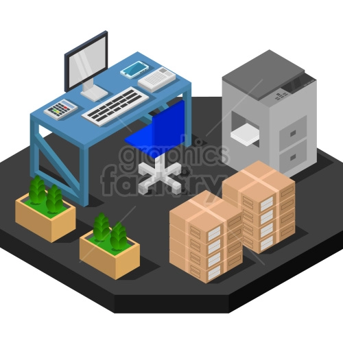 isometric desk and printer vector clipart