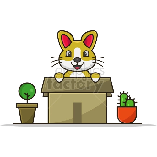 The image depicts a cartoon-like illustration of a smiling yellow cat with prominent white facial features and pink inner ears peeking out from inside a cardboard box. To the left of the box, there is a potted green plant with a round canopy, and to the right, there is a red pot containing a green cactus with black spines or dots.