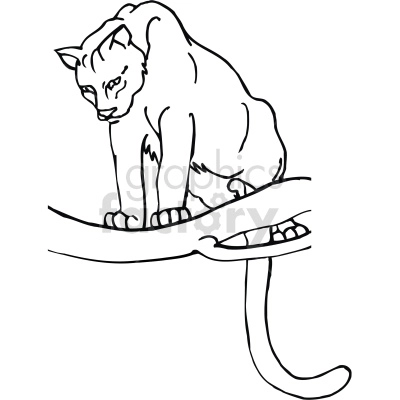 This line art drawing shows a lion or puma sitting on a branch, looking down potentially at prey