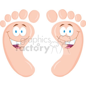 This image shows a pair of cartoon-style feet with anthropomorphic faces on them. Each foot has eyes, eyebrows, a big friendly smile, and a cartoonish tongue. They appear to be depicted as happy and comical characters, adding a playful and humorous touch to the typical representation of feet.