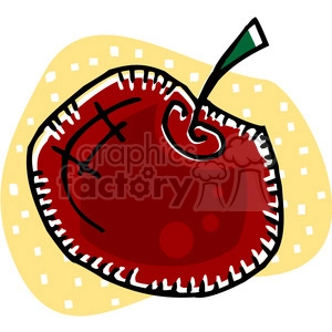The image is a stylized clipart illustration of a red apple. The apple has a green stem and is depicted with black outlines and white highlights that suggest a reflective shine. There are also small cartoonish accent lines on the apple indicating texture or blemishes.