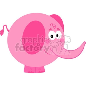 The clipart image features a comical, pink elephant characterized by cartoonish features. It has a large, round body, an upturned tail, oversized ears, a cheerful facial expression, and is standing with one leg slightly raised as if waving or greeting. The elephant's skin is a vibrant shade of pink and is outlined with a darker pink, adding to its whimsical appearance.