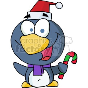 a Penguin in a santa hat and purple scraf with a candy can in hand