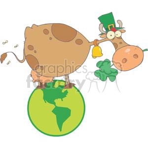 This clipart image features a whimsical and funny scene related to St. Patrick's Day. It includes a brown cow with spots, wearing a green top hat with a gold buckle (indicative of Irish-themed attire). The cow appears to be standing on its hind legs on top of a stylized green globe, representing Earth, with a look of surprise on its face. In its mouth, it's holding a yellow bell, and a green four-leaf clover is floating beside it. Bees are flying around the cow's tail, suggesting it might have been trying for some playful mischief.