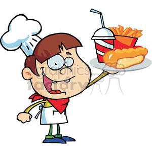 Fast Food Boy Chef Holding Up Hot Dog Drink And French Fries On A Serving Platter