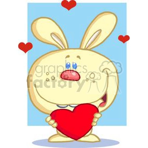 The image depicts a cartoonish, funny Easter bunny holding a heart with an enamored expression on its face. There are smaller hearts floating around the bunny, suggesting a theme of love or affection. The bunny has a slightly open mouth and big blue eyes, with exaggerated long ears; its cheeks are dotted with marks and it has a prominent pink nose.