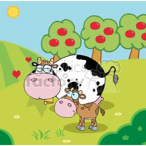 The image depicts a humorous and cartoonish scene set on a farm. There are two cows; one is large with black and white spots and is wearing glasses, and it appears to be blowing a pink bubble gum bubble. Beside it is a smaller brown cow looking up at the larger cow with a surprised expression. Both cows are standing on a grassy field with green hills in the background, and there are apple trees bearing red apples. Above, there's a blue sky with a bright yellow sun, and there are a couple of red hearts floating in the air, suggesting a light-hearted, perhaps affectionate moment between the cows.