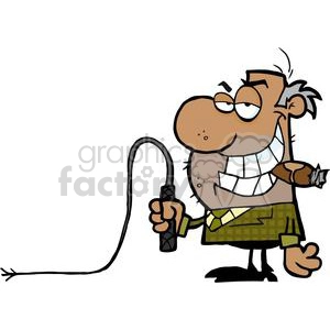 The image is a cartoon clipart featuring a humorous depiction of a man with exaggerated facial features, holding a cigar in one hand and what appears to be a cable or wire with a plug in the other hand. He has a large, toothy grin, and his attire suggests he could be casually interpreted as a boss or businessman with a loose tie and collared shirt.