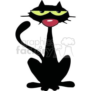 The clipart image shows a comical black cat with exaggerated features: it has large, bright green eyes with black pupils, a prominent red mouth with its tongue sticking out, and its body is in a playful or startled pose with the tail sticking straight up. The funny expression and pose give the image a humorous or whimsical feel.