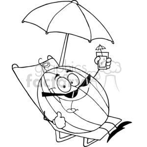 This clipart image depicts a whimsical, anthropomorphic watermelon character lounging under a beach umbrella, relaxed on a beach chair, and holding a drink with a little umbrella in it. The watermelon character appears cheerful, giving a thumbs-up.