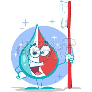 The image is a cartoon-style illustration featuring an anthropomorphic drop of toothpaste. The character is red on one side and blue on the other, representing the toothpaste, and it has a sparkly clean appearance, with small stars around it to emphasize its cleanliness. It has a happy and funny facial expression, complete with big eyes, a wide smile showing teeth, and a tongue sticking out. The character is holding a large red toothbrush in its hand, which seems to be larger in scale compared to the character itself. The background is simple with a pale blue round shape, possibly suggesting a bubble-like backdrop.