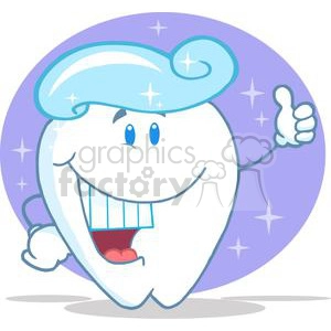 The image depicts a funny cartoon character of a smiling tooth. The tooth has a happy facial expression with blue eyes and a wide smile showing a neat row of smaller teeth, which is humorous as teeth typically don't have teeth of their own. The tooth is wearing a light blue dentist's cap and giving a thumbs-up gesture, implying approval or good health. The background is purple with white stars, enhancing the fun and whimsical nature of the image.