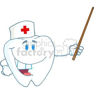 This image features a cartoon tooth that is personified with arms, legs, eyes, and a mouth. The tooth is smiling and wearing a nurse's cap with a red cross on it. It also holds a long brown pointer stick in its hand. The tooth appears to be presenting or teaching, giving off a friendly and educational tone.