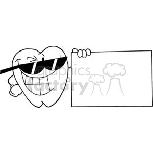 The image is a black and white clipart featuring a stylized, cartoonish tooth character. The tooth has a large, friendly smile, showing square-shaped teeth, and is wearing sunglasses, which gives it a cool and funny demeanor. It's also giving a thumbs-up with one hand while its other arm is extended holding a blank rectangular sign or board, presumably for adding text or messages.